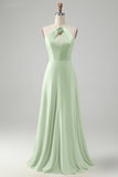Stylish Yellow A Line Halter Pleated Long Bridesmaid Dress with Flower