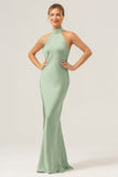 Dark Green Sheath High Neck Halter Backless Long Satin Bridesmaid Dress with Slit