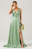 Dark Green A-Line Spaghetti Straps Pleated Satin Long Bridesmaid Dress With Slit