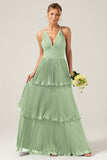 Dark Green A-Line Halter Tiered Floor Length Chiffon Long Bridesmaid Dress
