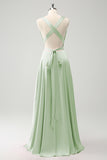 Burgundy A Line Deep V Neck Backless Long Bridesmaid Dress with Slit