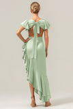 A Line V Neck Asymmetrical Olive Bridesmaid Dress with Ruffle Slit