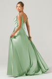 Dark Green A-Line Spaghetti Straps Pleated Satin Long Bridesmaid Dress With Slit