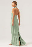 Champagne Sheath Halter Backless Long Satin Bridesmaid Dress with Slit
