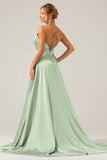 Royal Blue A Line V Neck Pleated Satin Bridesmaid Dress with Slit