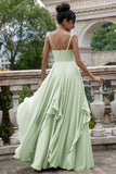 Pine A Line Spaghetti Straps Chiffon Long Asymmetrical Bridesmaid Dress with Ruffles