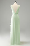 Lime Sheath V Neck Floral Open Back Bridesmaid Dress with Ruffle Slit
