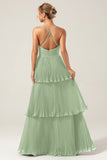 Dark Green A-Line Halter Tiered Floor Length Chiffon Long Bridesmaid Dress