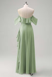 Light Green Sheath Off The Shoulder Chiffon Long Bridesmaid Dress with Ruffle Slit