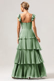 Eucalyptus A Line Off The Shoulder Tiered Long Bridesmaid Dress