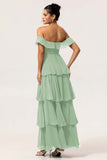 Eucalyptus A-Line Off The Shoulder Tiered Ruched Chiffon Long Bridesmaid Dress