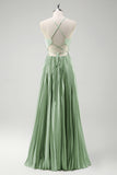 Grey Green A-Line Spaghetti Straps Pleated Long Bridesmaid Dress With Lace Up Back