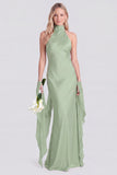 Halter Pink Mermaid Satin Backless Bridesmaid Dress