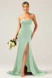 Dark Green Sheath Spaghetti Straps Pleated Long Bridesmaid Dress With Slit