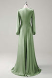 Agave A-Line Round Neck Satin Long Bridesmaid Dress with Long Sleeves
