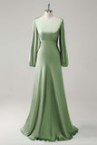 Agave A-Line Round Neck Satin Long Bridesmaid Dress with Long Sleeves