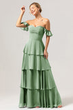 Eucalyptus A Line Off The Shoulder Tiered Long Bridesmaid Dress