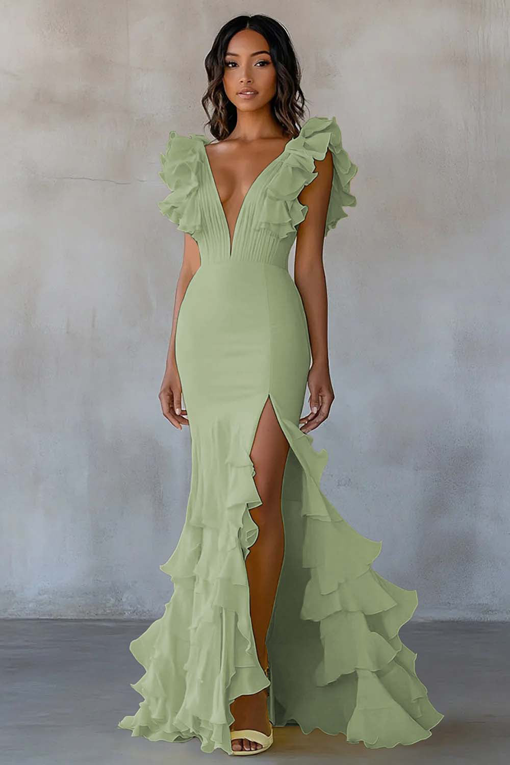 WEDTREND Women Daffodil Formal Dress With Slit Mermaid V Neck Ruffle Long Wedding Party Dress WEDTREND Women Daffodil Formal Dress With Slit Mermaid V Neck Ruffle Long Wedding Party Dress