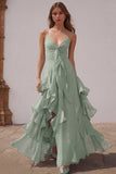 Dusty Blue Spaghetti Straps Chiffon A-Line Ruffled Bridesmaid Dress