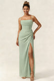 Green Flower Mermaid Corset Chiffon Long Bridesmaid Dress with Slit
