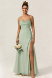 Green Flower A Line Spaghetti Straps Chiffon Long Bridesmaid Dress with Slit