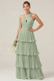 Lilac Halter Keyhole A Line Tiered Ruffle Pleated Bridesmaid Dress