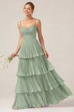 Dark Green A Line Ruched Pleated Spaghetti Straps Tiered Bridesmaid Dress