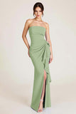 Dusty Sage Strapless Mermaid Ruched Wedding Guest Dress with Slit