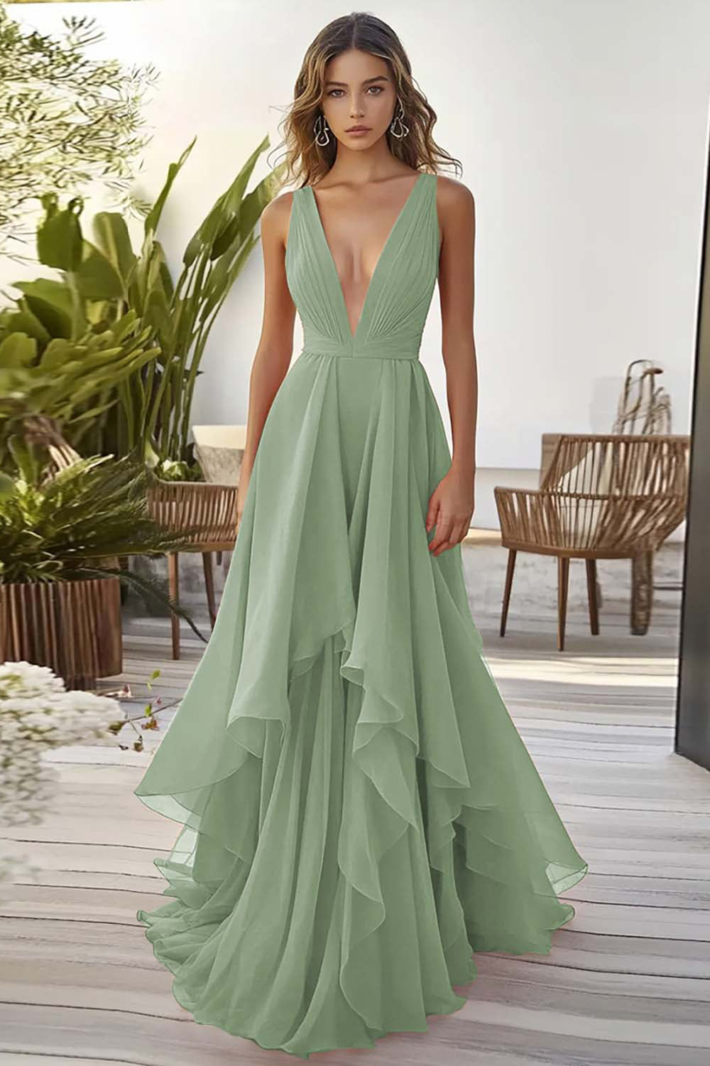 WEDTREND Women Dusty Sage Formal Dress With Ruffles V Neck A Line Long Wedding Guest Dress WEDTREND Women Dusty Sage Formal Dress With Ruffles V Neck A Line Long Wedding Guest Dress