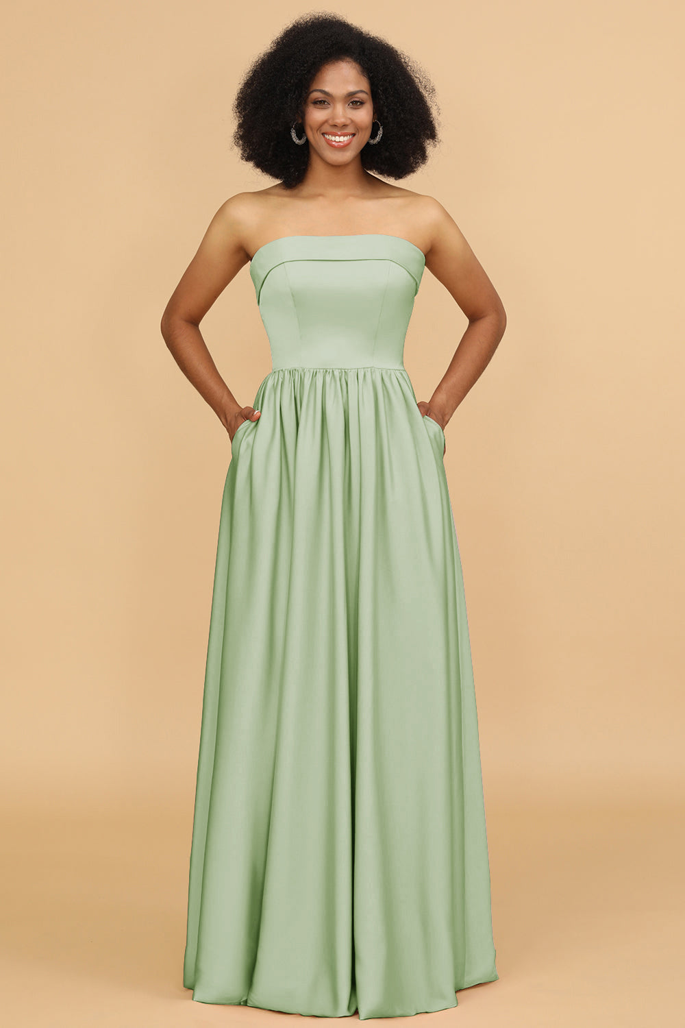 strapless satin dress with pockets Sky Blue Strapless A Line Satin Beaded Long Prom Dresses With Pockets Pink / 18