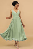 A Line Spaghetti Straps Floor-Length Chiffon Bridesmaid Dress with Ruffles