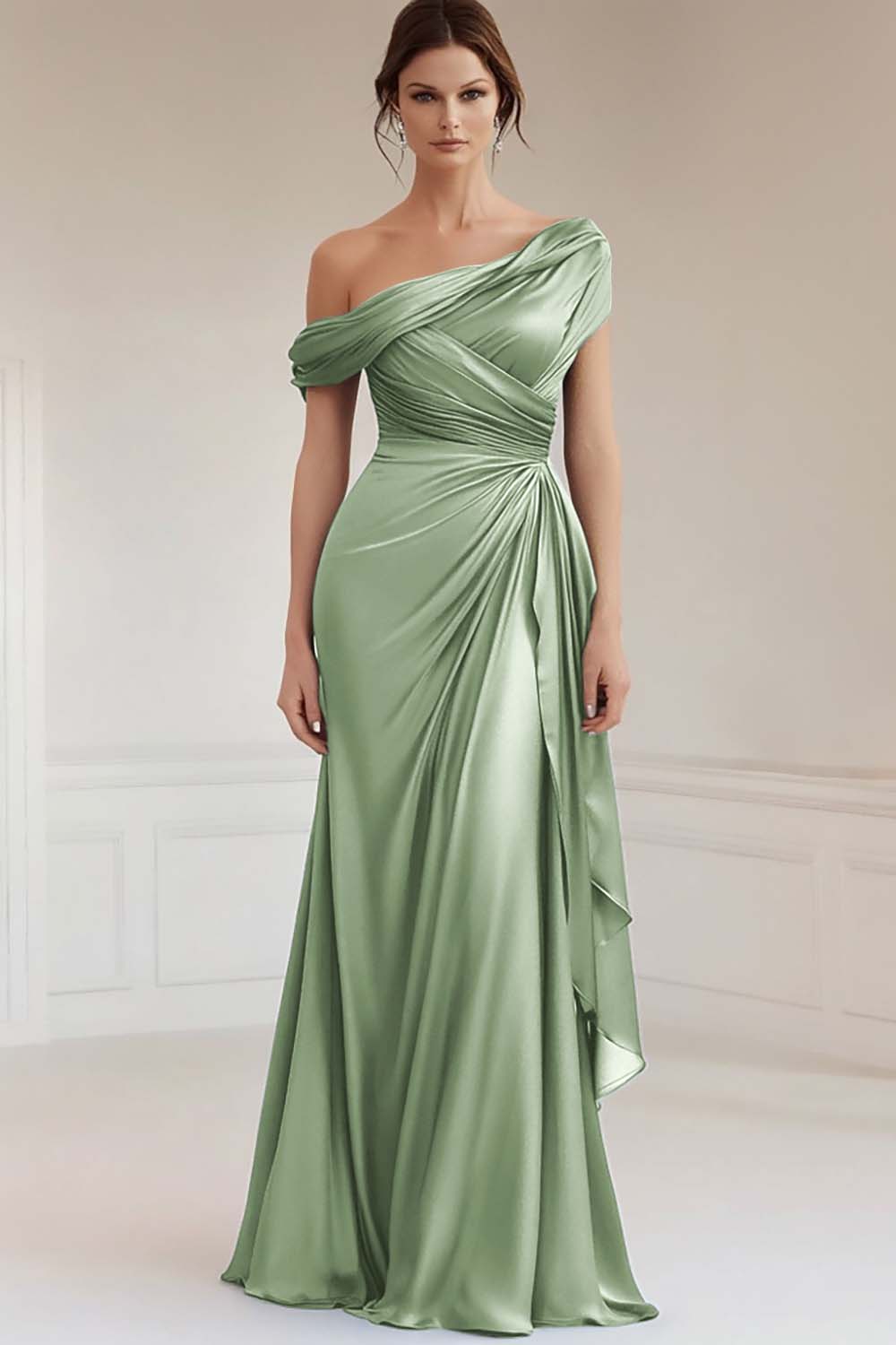 WEDTREND Women Dusty Sage Formal Dress One Shoulder Mermaid Ruched Satin Long Evening Dress WEDTREND Women Dusty Sage Formal Dress One Shoulder Mermaid Ruched Satin Long Evening Dress