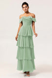 Eucalyptus A-Line Off The Shoulder Tiered Ruched Chiffon Long Bridesmaid Dress