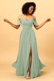 A Line Spaghetti Straps Long Chiffon Bridesmaid Dress With Slit