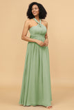 A Line One Shoulder V Neck Halter Neck Floor Length Grey Blue Bridesmaid Dress