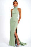 Halter Black Mermaid Long Formal Dress With Slit