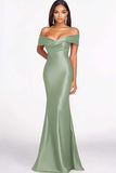 Dusty Sage Mermaid Off The Shoulder Satin Long Formal Dress