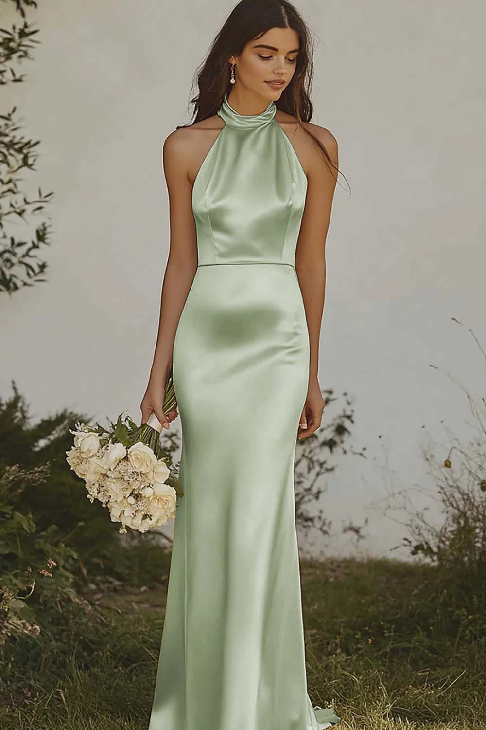 WEDTREND Women Dusty Sage Bridesmaid Dress Mermaid Halter Satin Long Wedding Guest Dress WEDTREND Women Dusty Sage Bridesmaid Dress Mermaid Halter Satin Long Wedding Guest Dress
