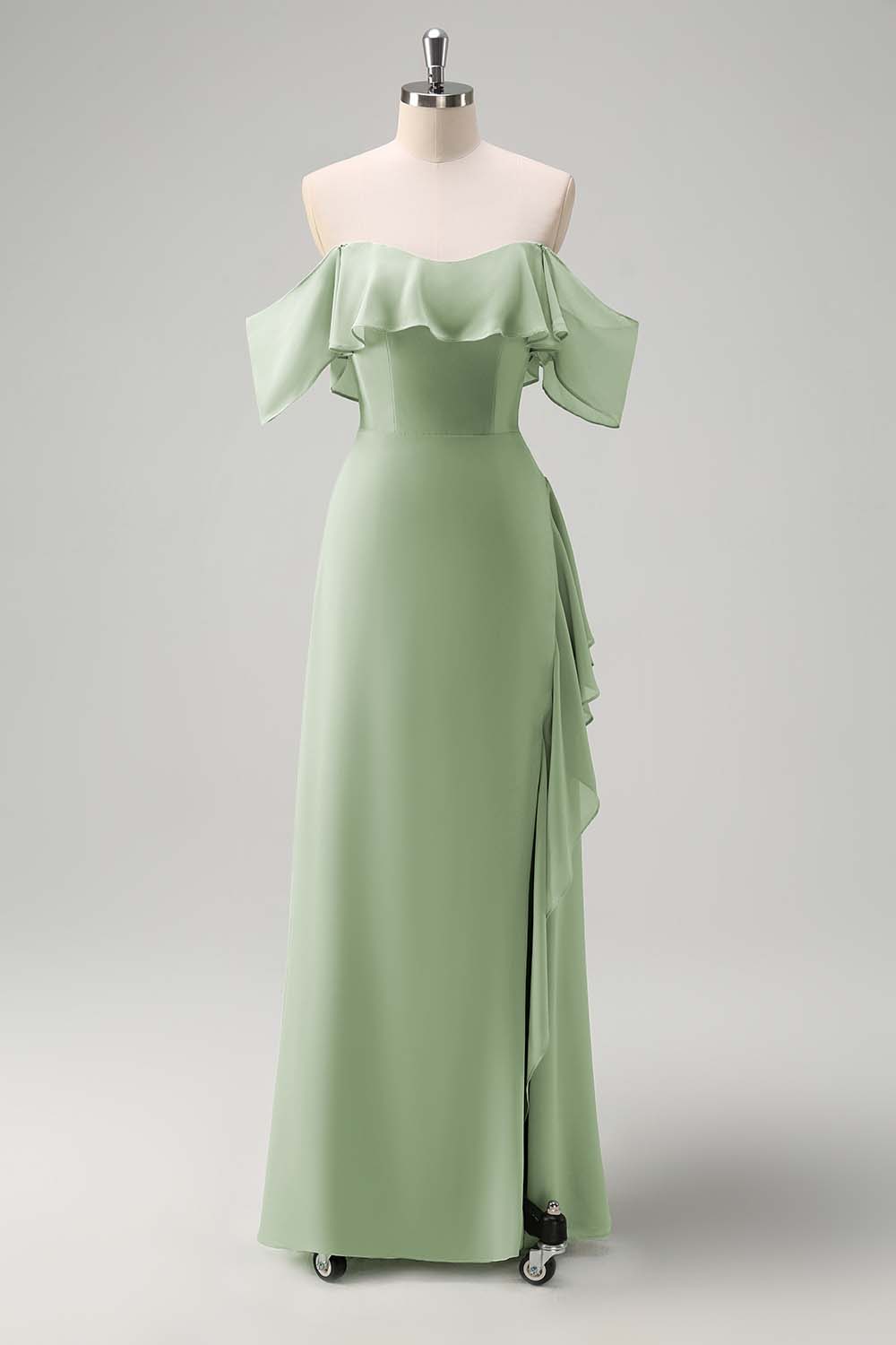 Wedtrend Women Light Green Bridesmaid Dress with Ruffle Slit Sheath Off The Shoulder Chiffon Long Wedding Guest Dress WEDTREND Wedtrend Women Light Green Bridesmaid Dress with Ruffle Slit Sheath Off The Shoulder Chiffon Long Wedding Guest Dress WEDTREND