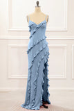 Spaghetti Straps Jade Tiered Mermaid Bridesmaid Dress With Slit