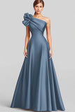 Navy A Line Ruffled One Shoulder Satin Long Formal Dress
