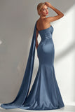 Burgundy Strapless Mermaid Satin Convertible Long Prom Dress with Streamer