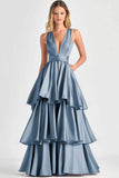 A-Line V Neck Tiered Long Prom Dress with Ruffles