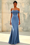 Dusty Sage Mermaid Off Shoulder Chiffon Long Formal Dress