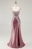 Sparkly Blush Spaghetti Straps Mermaid Sequins Corset Prom Dress with Slit