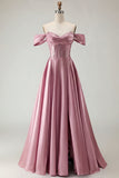 Off the Shoulder Purple A Line Beaded Corset Long Prom Dress with Slit
