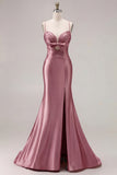 Mermaid Fuchsia Satin Cut Out Ruched Long Prom Dress with Slit