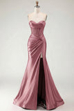 Burgundy Mermaid Sweetheart Corset Beaded Ruched Long Prom Dress with Slit