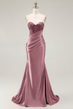 Sweetheart Mermaid Red Beaded Sequins Pleated Satin Long Prom Dress with Slit