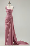 One Shoulder Green Sheath Ruched Long Prom Dress with Slit